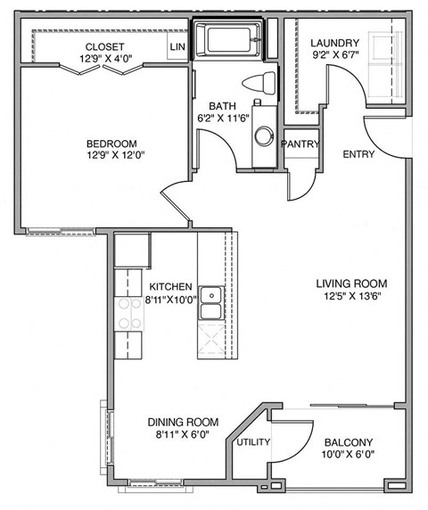Floor plan for 1 bed, 1 bath, 863 sqft