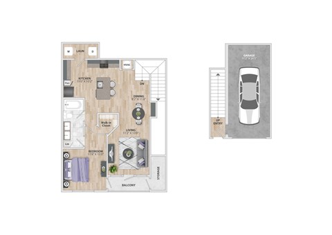 Floor plan for 1 bed, 1 bath, 967 sqft