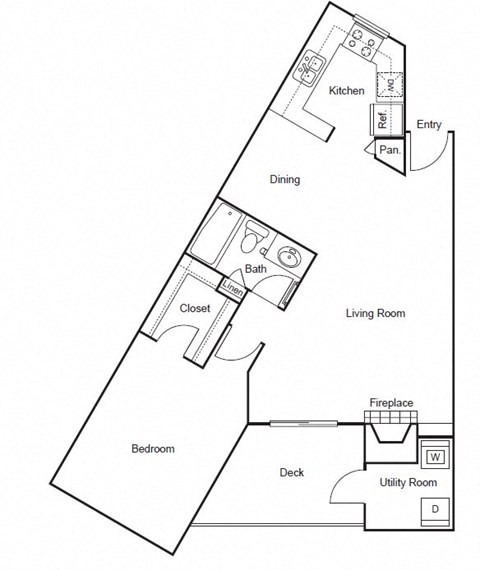 Floor plan for 1 bed, 1 bath, 832 sqft