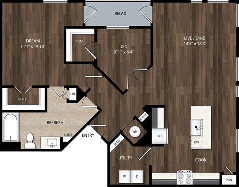 Floor plan for 1 bed, 1 bath, 832 sqft