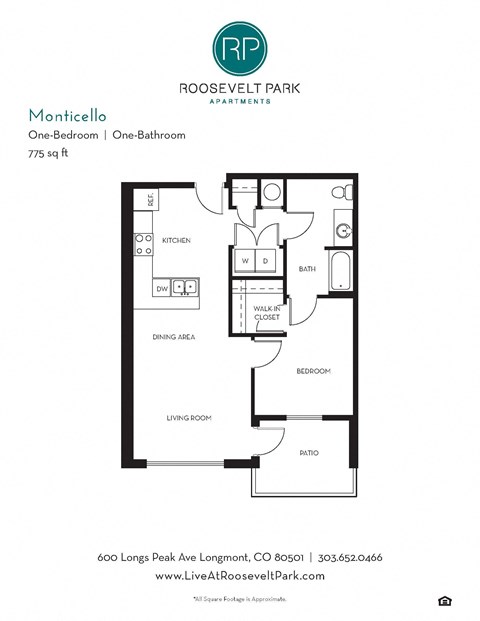 Floor plan for 1 bed, 1 bath, 775 sqft