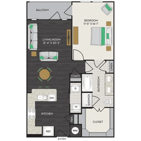 Floor plan for 1 bed, 1 bath, 899 sqft