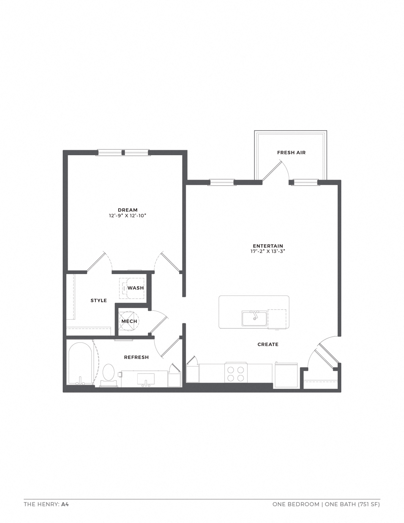 Floor plan for 1 bed, 1 bath, 763 sqft