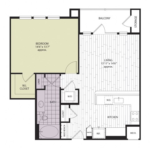 Floor plan for 1 bed, 1 bath, 870 sqft