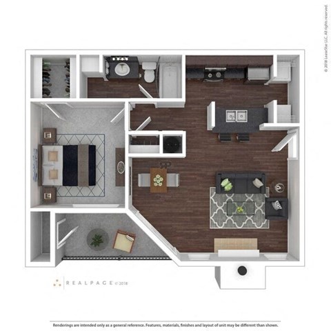 Floor plan for 1 bed, 1 bath, 675 sqft