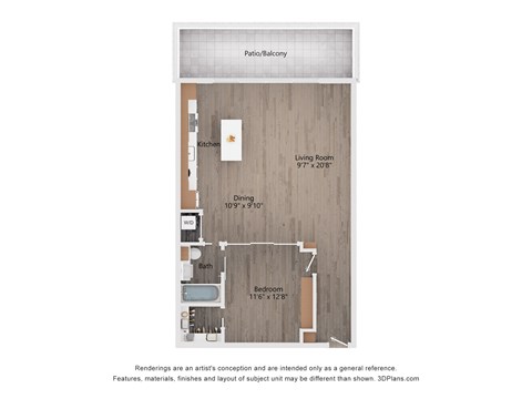 Floor plan for 1 bed, 1 bath, 944 sqft