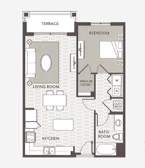 Floor plan for 1 bed, 1 bath, 740 sqft