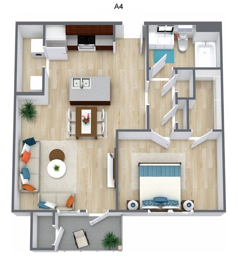 Floor plan for 1 bed, 1 bath, 741 sqft