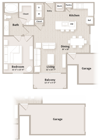 Floor plan for 1 bed, 1 bath, 810 sqft