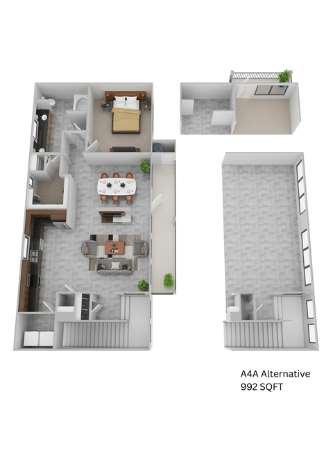 Floor plan for 1 bed, 1 bath, 992 sqft