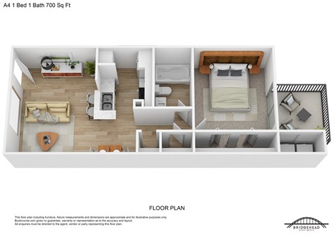 Floor plan for 1 bed, 1 bath, 700 sqft