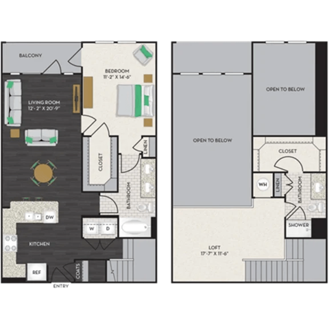 Floor plan for 1 bed, 1 bath, 1293 sqft
