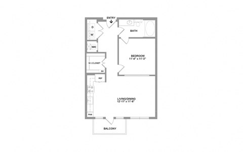 Floor plan for 1 bed, 1 bath, 697 sqft