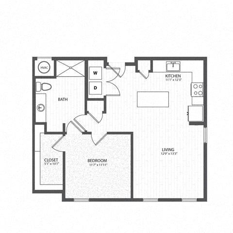 Floor plan for 1 bed, 1 bath, 809 sqft