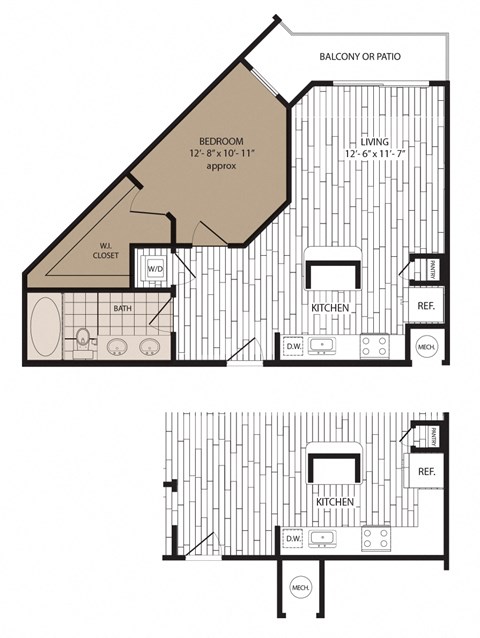 Floor plan for 1 bed, 1 bath, 715 sqft