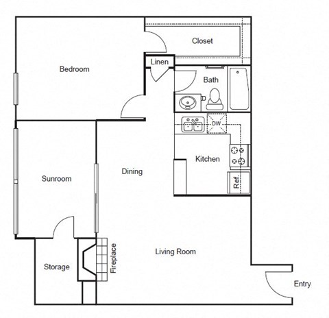 Floor plan for 1 bed, 1 bath, 858 sqft
