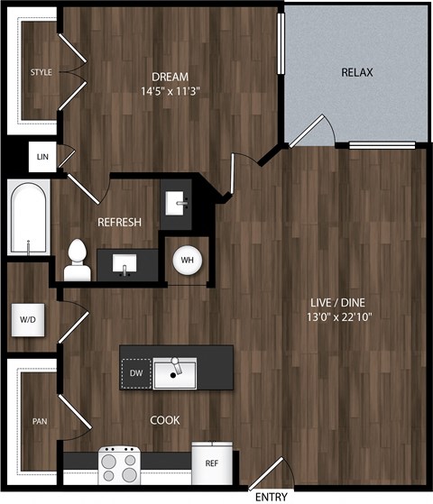 Floor plan for 1 bed, 1 bath, 847 sqft