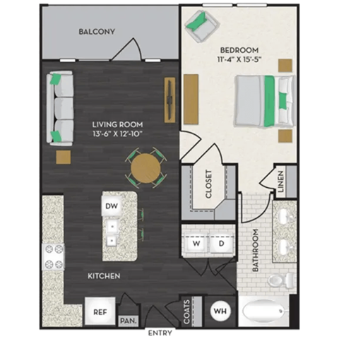 Floor plan for 1 bed, 1 bath, 768 sqft
