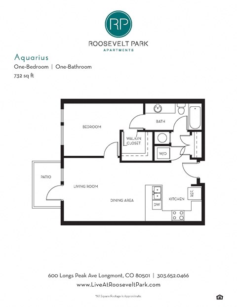 Floor plan for 1 bed, 1 bath, 732 sqft
