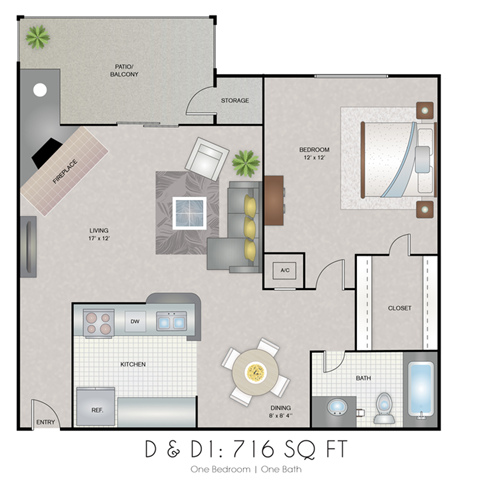 Floor plan for 1 bed, 1 bath, 716 sqft