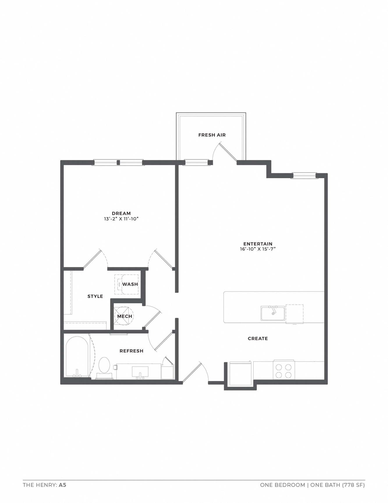 Floor plan for 1 bed, 1 bath, 778 sqft