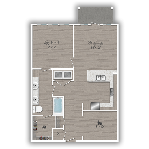 Floor plan for 1 bed, 1 bath, 910 sqft