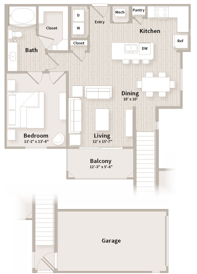 Floor plan for 1 bed, 1 bath, 909 sqft