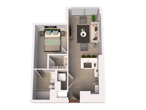 Floor plan for 1 bed, 1 bath, 634 sqft