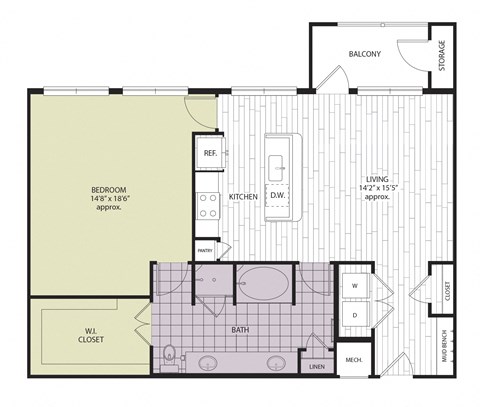 Floor plan for 1 bed, 1 bath, 1041 sqft