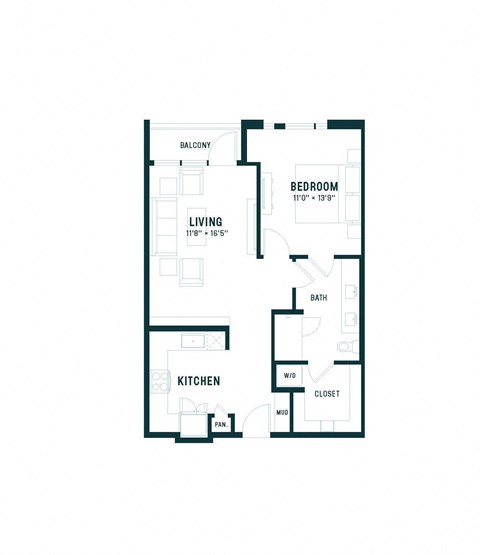 Floor plan for 1 bed, 1 bath, 770 sqft