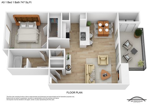 Floor plan for 1 bed, 1 bath, 747 sqft