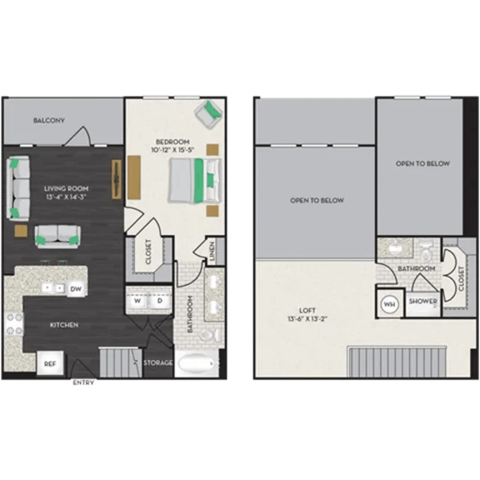 Floor plan for 1 bed, 2 baths, 1145 sqft