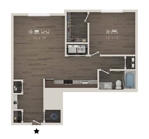 Floor plan for 1 bed, 1 bath, 861 sqft