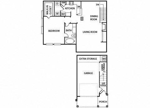 Floor plan for 1 bed, 1 bath, 929 sqft