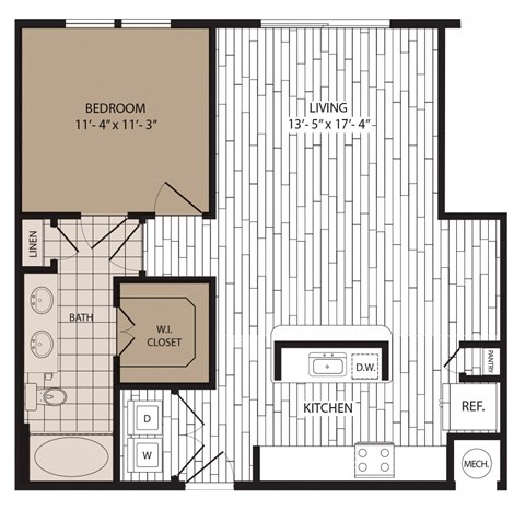 Floor plan for 1 bed, 1 bath, 835 sqft