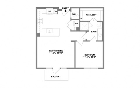 Floor plan for 1 bed, 1 bath, 728 sqft