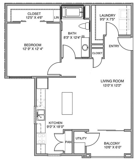 Floor plan for 1 bed, 1 bath, 893 sqft