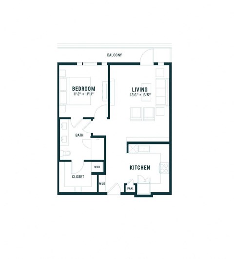 Floor plan for 1 bed, 1 bath, 782 sqft