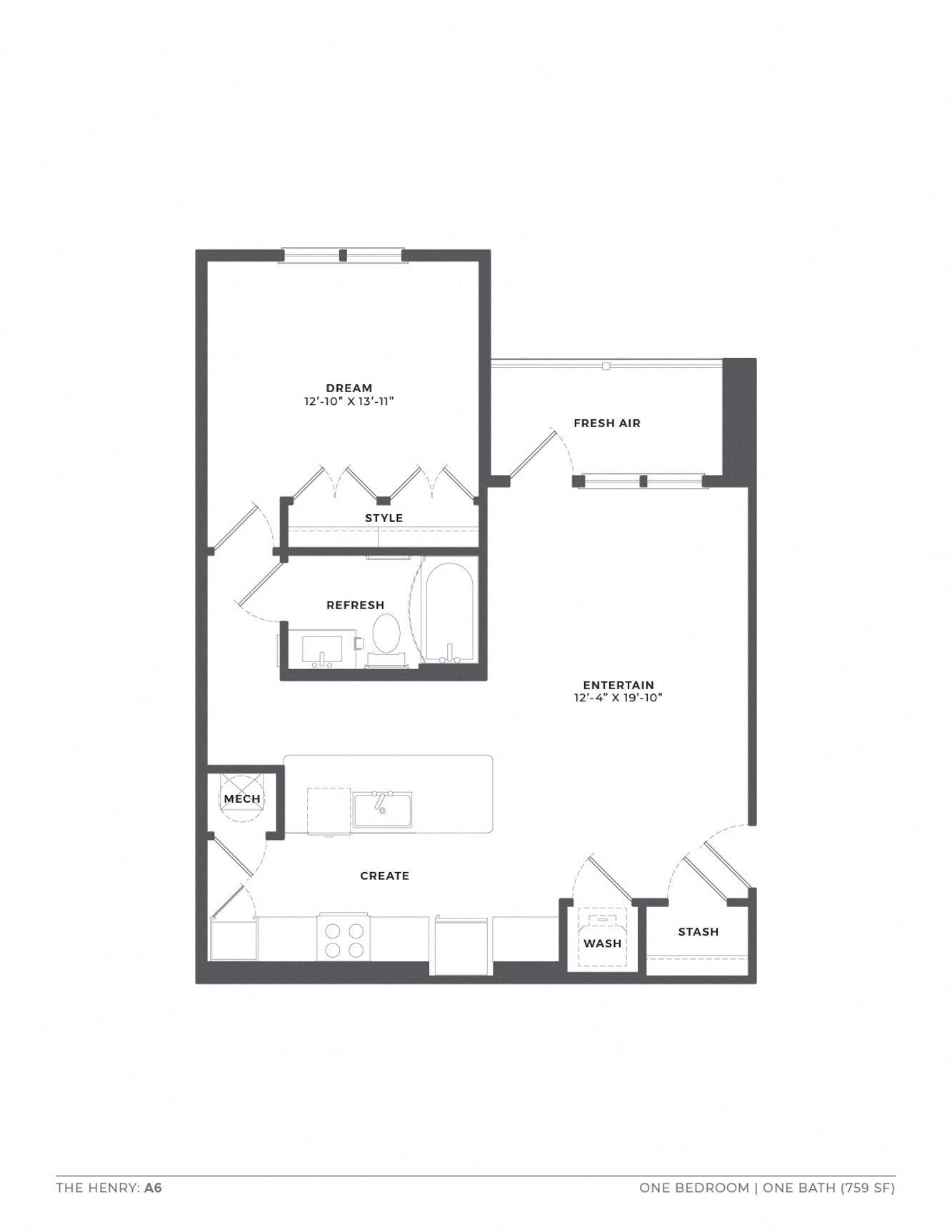 Floor plan for 1 bed, 1 bath, 759 sqft