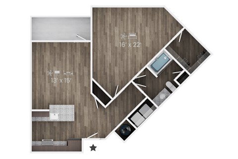 Floor plan for 1 bed, 1 bath, 922 sqft