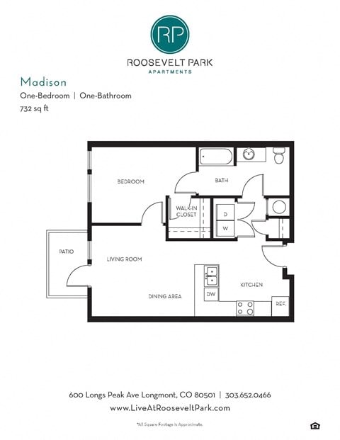 Floor plan for 1 bed, 1 bath, 732 sqft