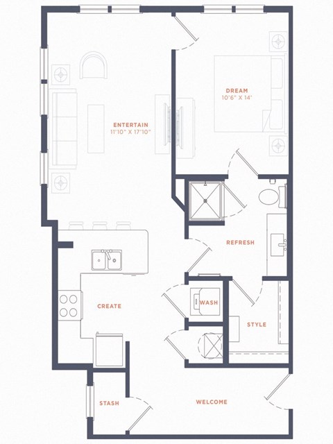 Floor plan for 1 bed, 1 bath, 795 sqft