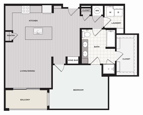Floor plan for 1 bed, 1 bath, 863 sqft
