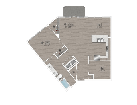 Floor plan for 1 bed, 1 bath, 1008 sqft