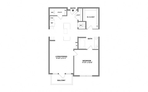 Floor plan for 1 bed, 1 bath, 760 sqft