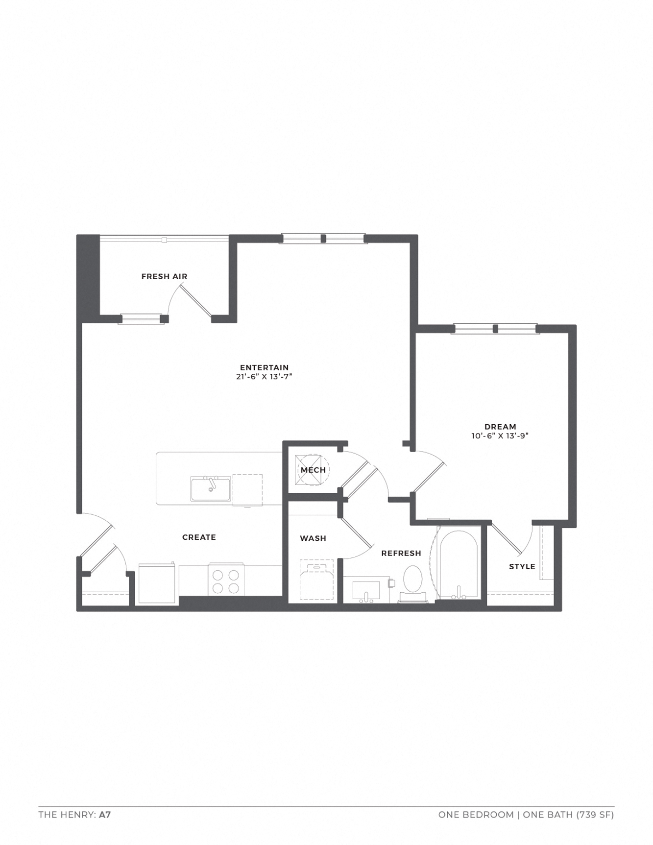 Floor plan for 1 bed, 1 bath, 741 sqft