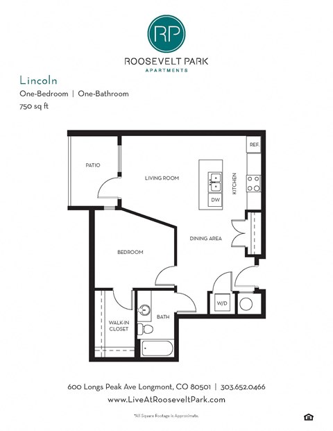 Floor plan for 1 bed, 1 bath, 750 sqft
