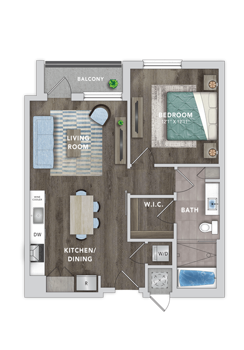 Floor plan for 1 bed, 1 bath, 702 sqft