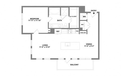Floor plan for 1 bed, 1 bath, 811 sqft