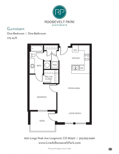 Floor plan for 1 bed, 1 bath, 775 sqft